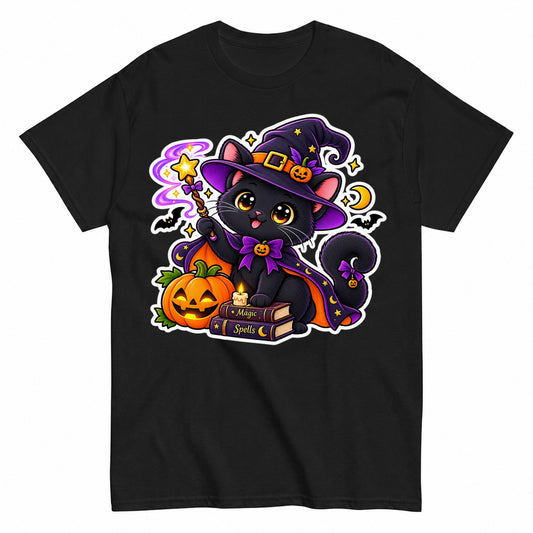 Cute Black Cat Witch Halloween Magic Halloween Shirt in Black – product view