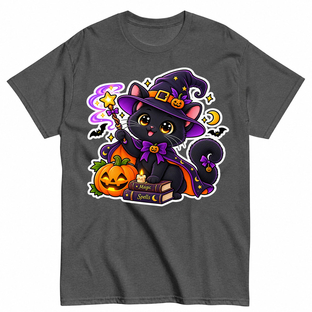 Cute Black Cat Witch Halloween Magic Halloween Shirt in Grey – product view