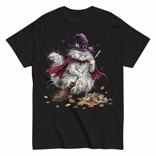 Cute Fluffy White Cat Witch Sweeping Autumn Leaves Halloween Shirt in Black – product view