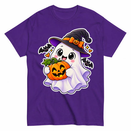 Cute Ghost Holding Pumpkin Halloween Shirt in Blue – product view