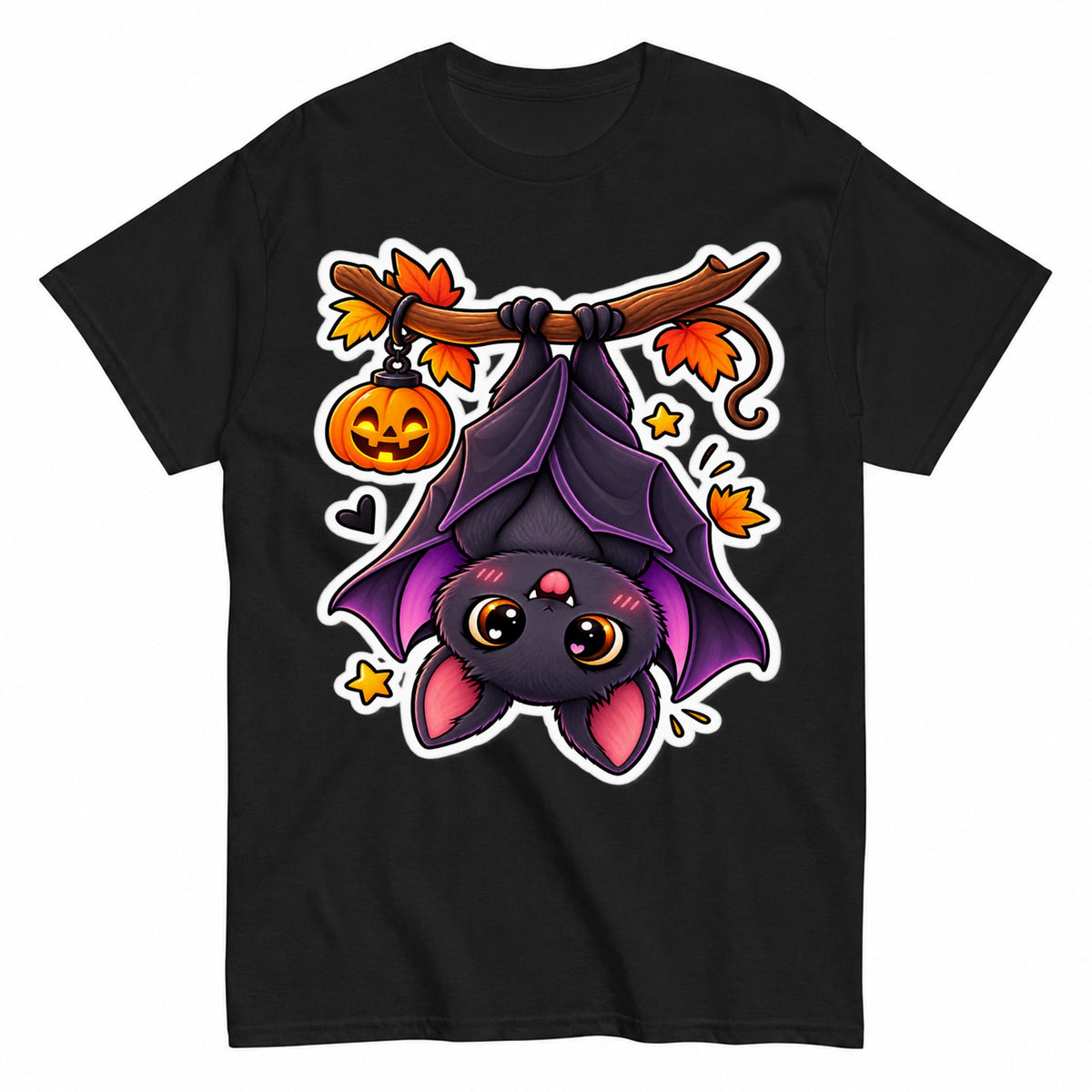 Cute Halloween Bat Hanging Upside Down Pumpkin Halloween Shirt in Black – product view