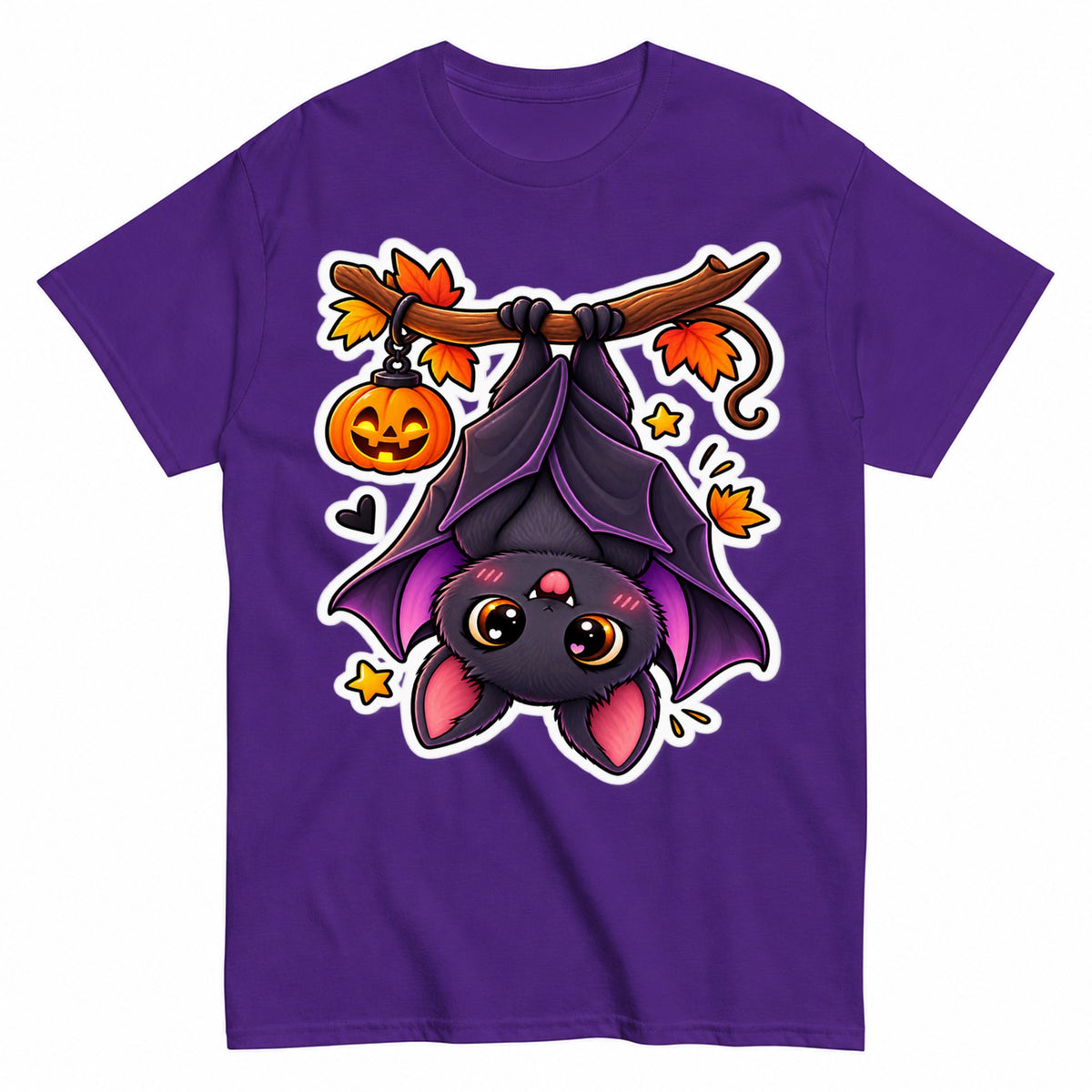 Cute Halloween Bat Hanging Upside Down Pumpkin Halloween Shirt in Blue – product view
