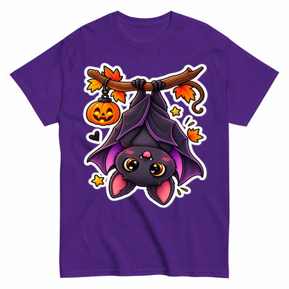 Cute Halloween Bat Hanging Upside Down Pumpkin Halloween Shirt in Blue – product view