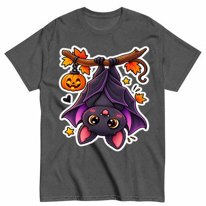 Cute Halloween Bat Hanging Upside Down Pumpkin Halloween Shirt in Grey – product view