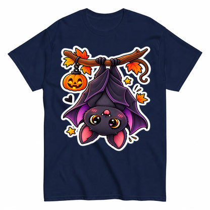 Cute Halloween Bat Hanging Upside Down Pumpkin Halloween Shirt in Navy – product view