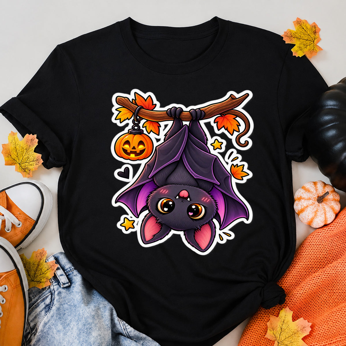 Cute Halloween Bat Hanging Upside Down Pumpkin Halloween Shirt in Black – alternate view