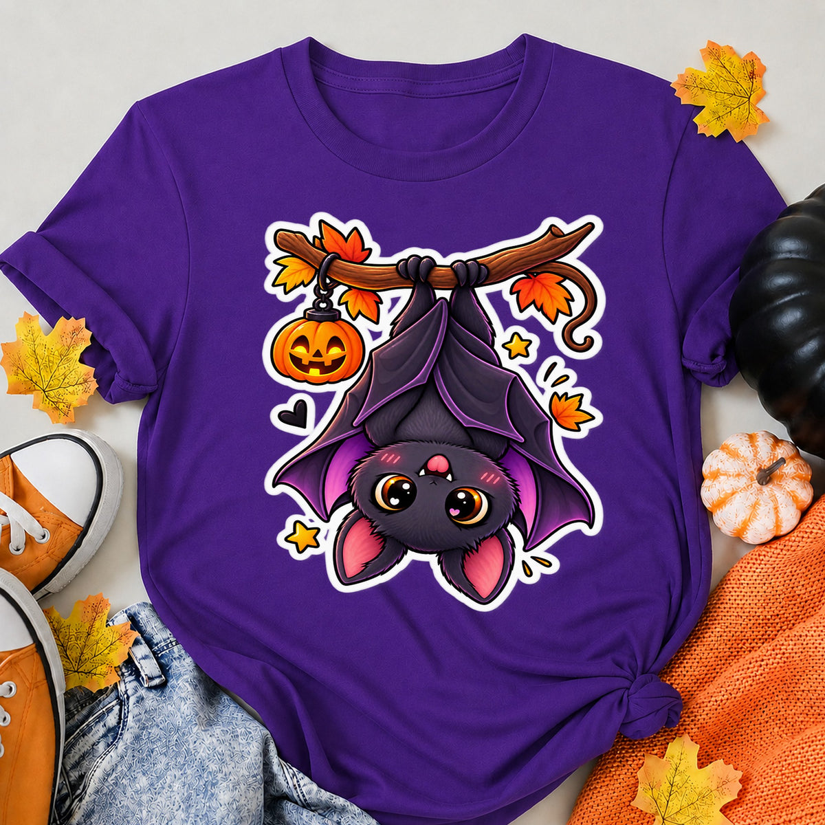 Cute Halloween Bat Hanging Upside Down Pumpkin Halloween Shirt in Blue – alternate view