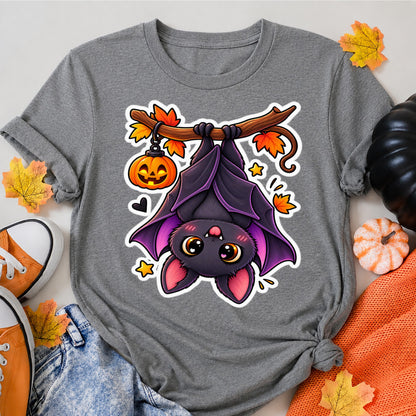 Cute Halloween Bat Hanging Upside Down Pumpkin Halloween Shirt in Grey – alternate view