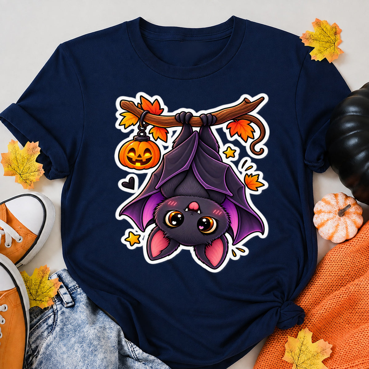 Cute Halloween Bat Hanging Upside Down Pumpkin Halloween Shirt in Navy – alternate view