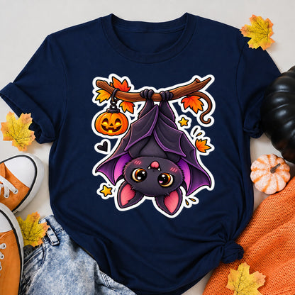 Cute Halloween Bat Hanging Upside Down Pumpkin Halloween Shirt in Navy – alternate view
