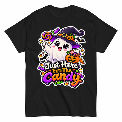 Cute Halloween Ghost Just Here For The Candy Halloween Shirt in Black – product view