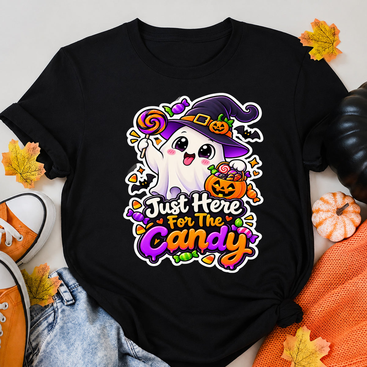 Cute Halloween Ghost Just Here For The Candy Halloween Shirt in Black – alternate view