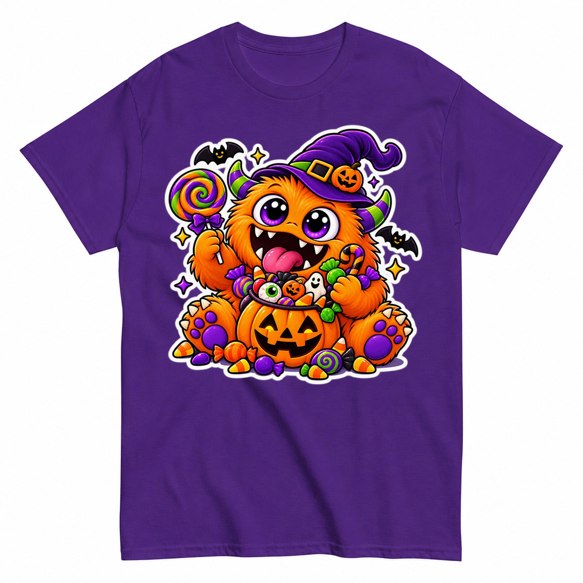 Cute Halloween Monster Pumpkin Candy Halloween Shirt in Blue – product view