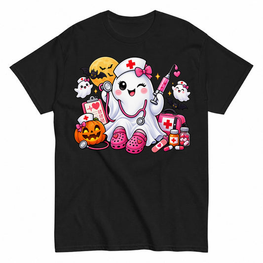 Cute Halloween Nurse Ghost Kawaii Halloween Shirt in Black – product view