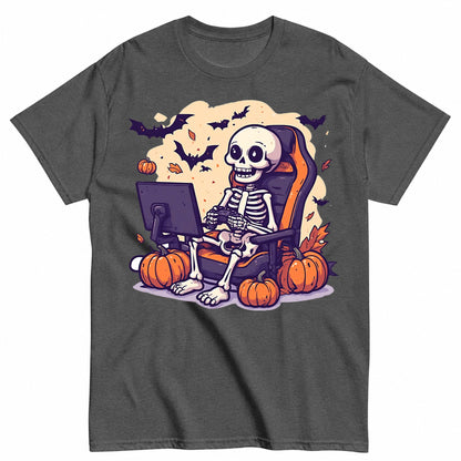 Cute Halloween Skeleton Gamer Gaming Controller Halloween Shirt in Grey – product view