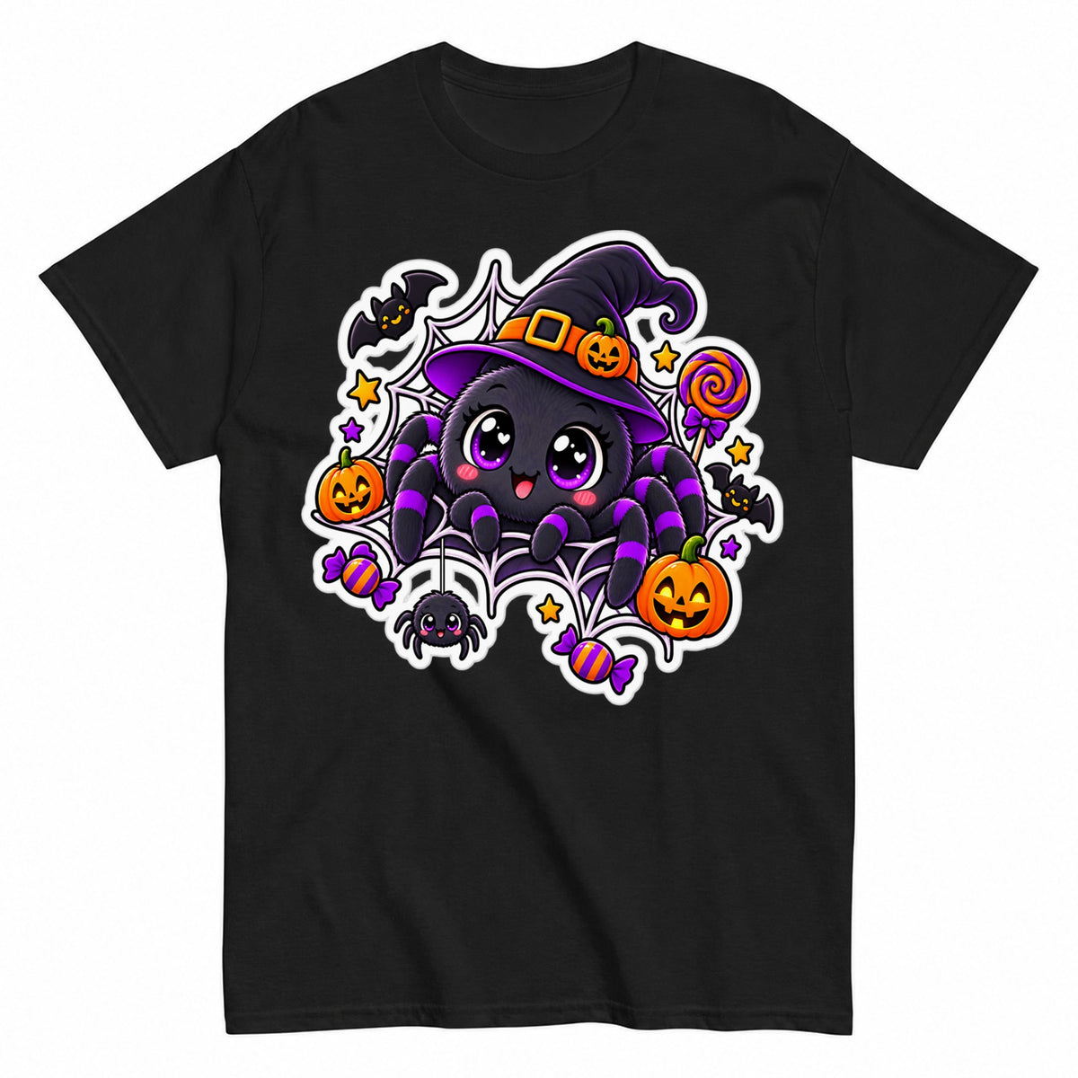Cute Halloween Spider Witch Kawaii Pumpkin Halloween Shirt in Black – product view