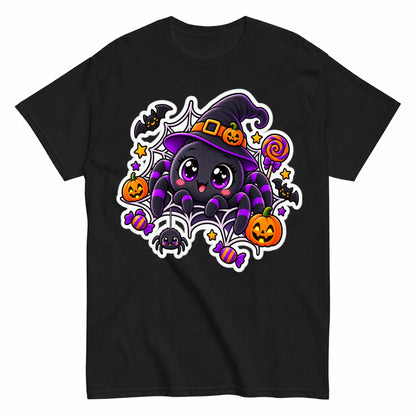 Cute Halloween Spider Witch Kawaii Pumpkin Halloween Shirt in Black – product view