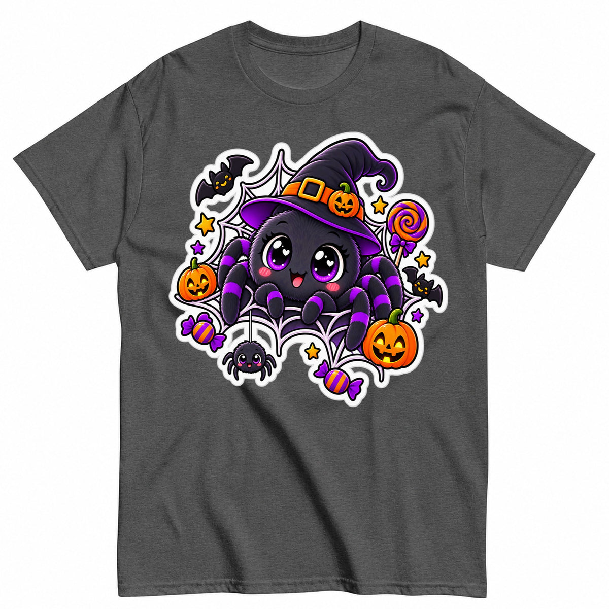 Cute Halloween Spider Witch Kawaii Pumpkin Halloween Shirt in Grey – product view