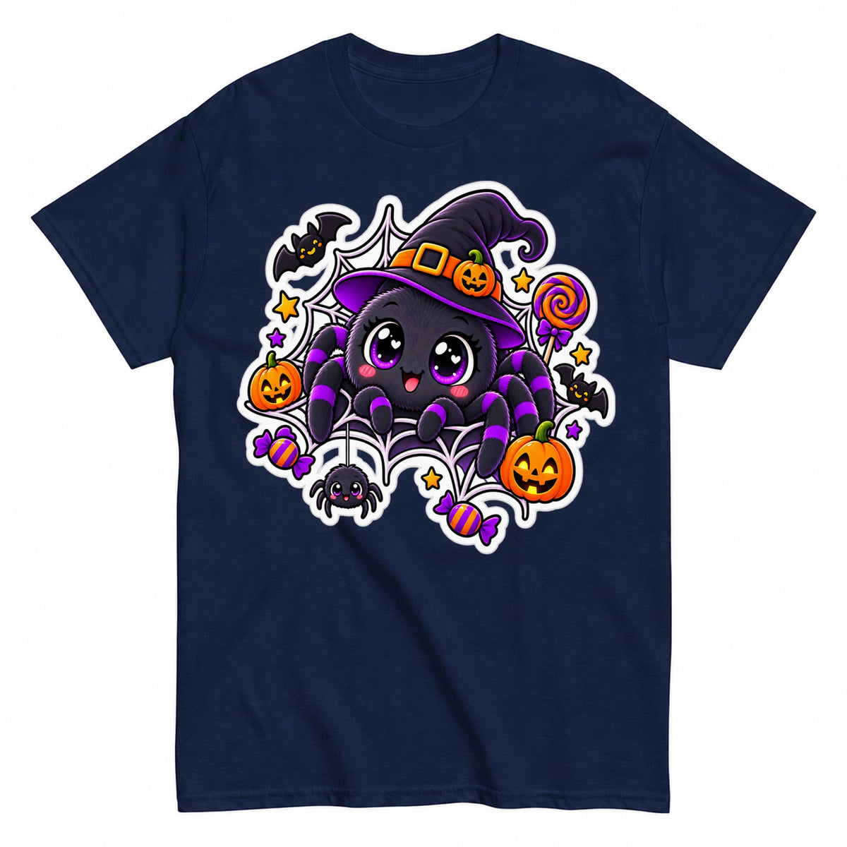 Cute Halloween Spider Witch Kawaii Pumpkin Halloween Shirt in Navy – product view