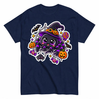 Cute Halloween Spider Witch Kawaii Pumpkin Halloween Shirt in Navy – product view