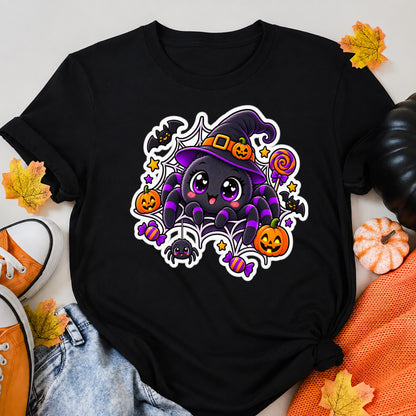 Cute Halloween Spider Witch Kawaii Pumpkin Halloween Shirt in Black – alternate view