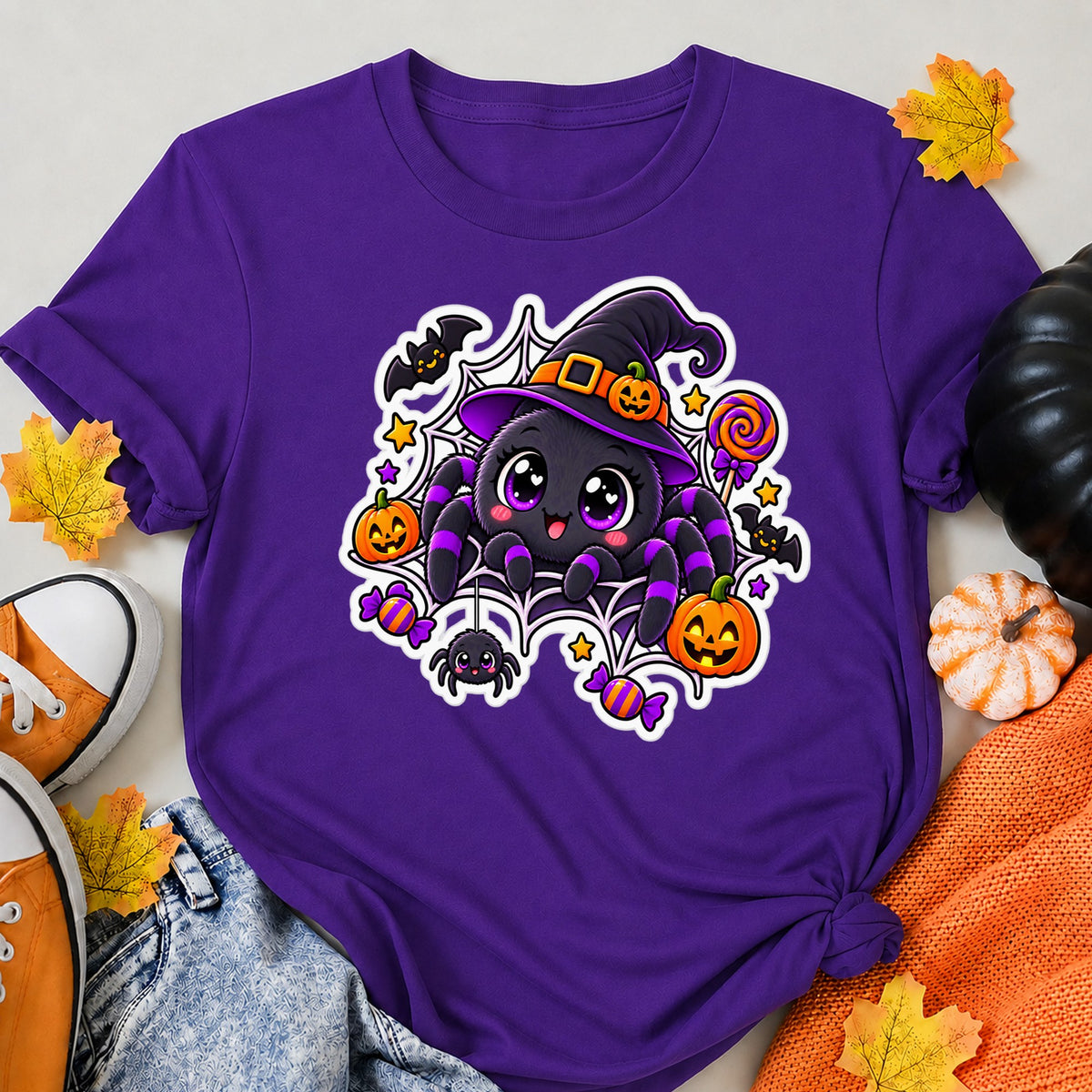 Cute Halloween Spider Witch Kawaii Pumpkin Halloween Shirt in Blue – alternate view