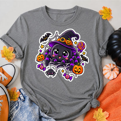 Cute Halloween Spider Witch Kawaii Pumpkin Halloween Shirt in Grey – alternate view