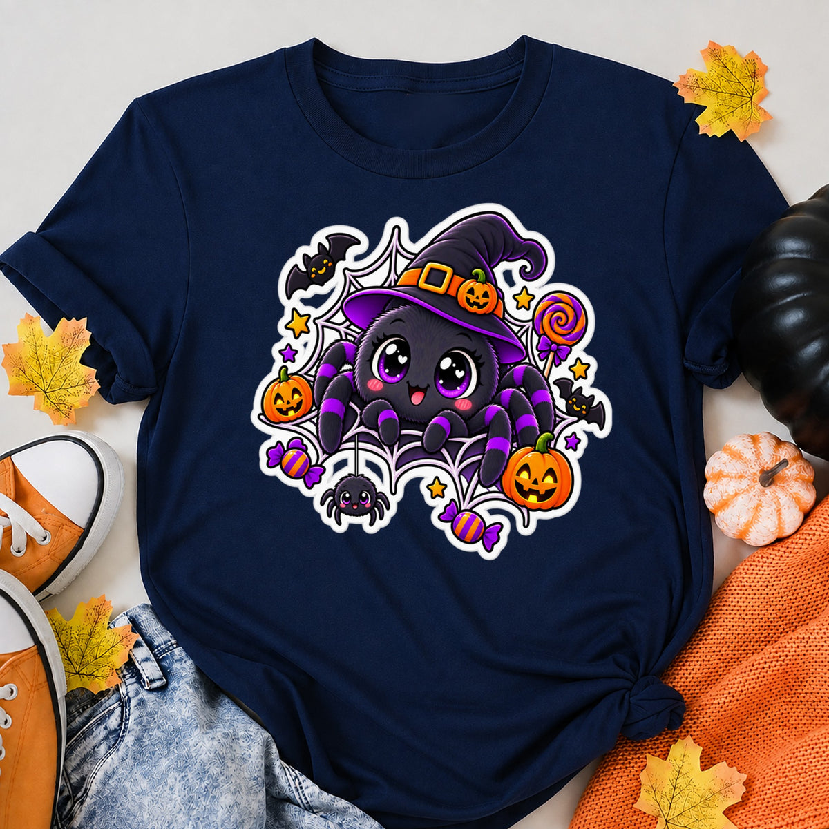 Cute Halloween Spider Witch Kawaii Pumpkin Halloween Shirt in Navy – alternate view