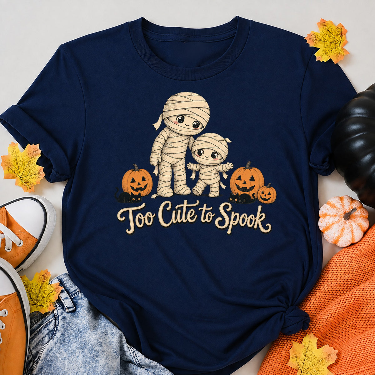 Cute Mummy Halloween Pumpkins Tee Halloween Shirt in Navy – alternate view