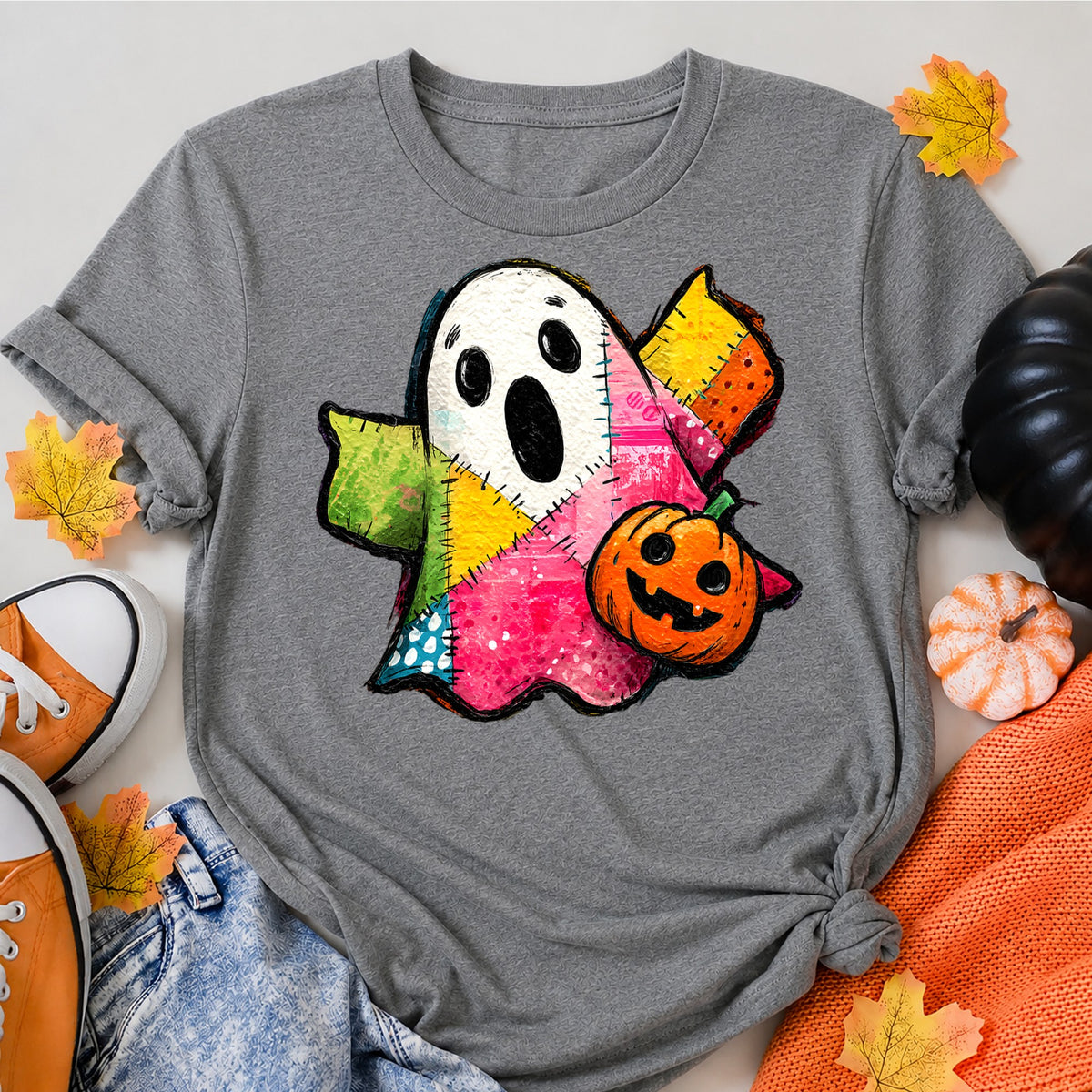 Cute Patchwork Ghost With Halloween Pumpkin Art Halloween Shirt in Grey – alternate view