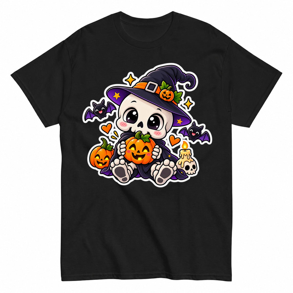 Cute Skeleton Witch Halloween Pumpkin Halloween Shirt in Black – product view