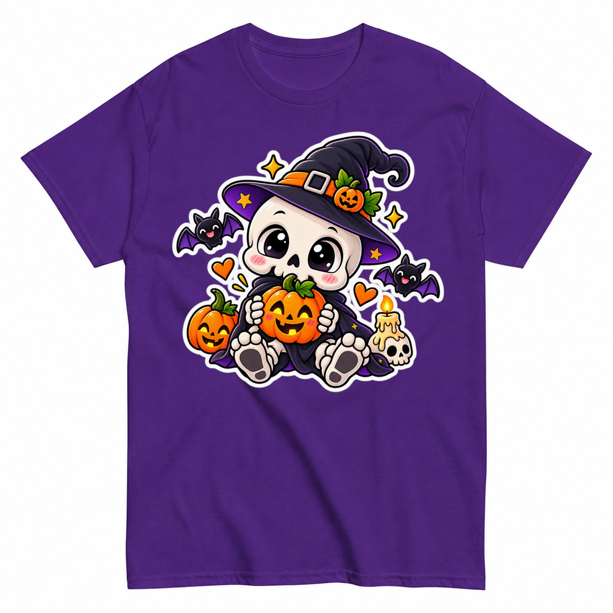 Cute Skeleton Witch Halloween Pumpkin Halloween Shirt in Blue – product view