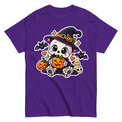 Cute Skeleton Witch Halloween Pumpkin Halloween Shirt in Blue – product view