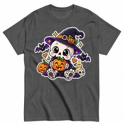 Cute Skeleton Witch Halloween Pumpkin Halloween Shirt in Grey – product view