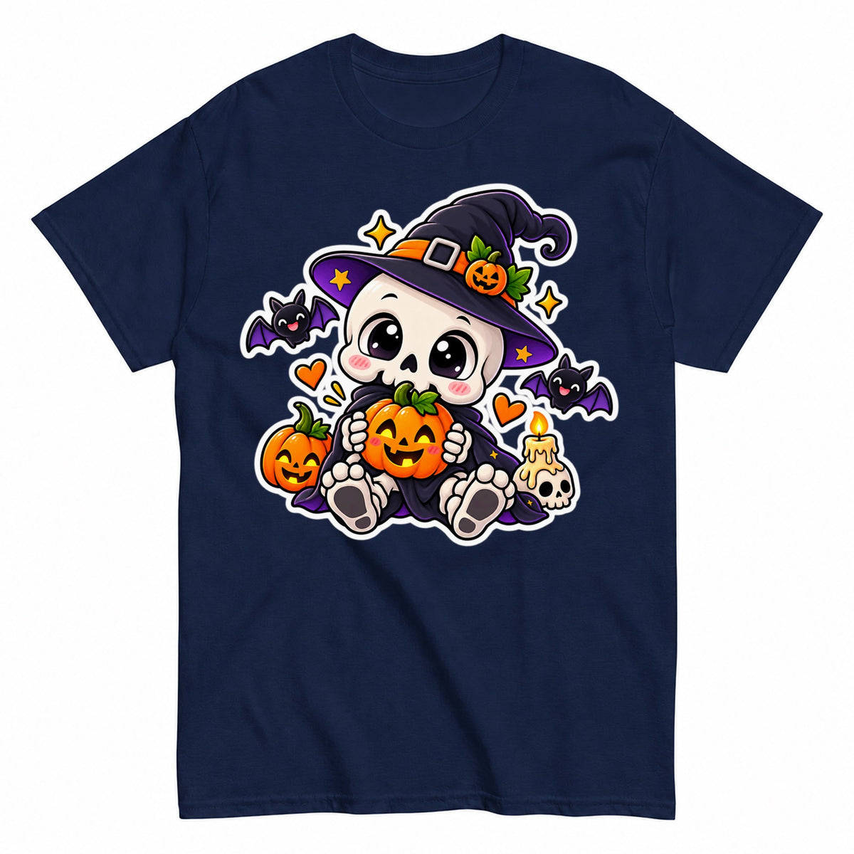 Cute Skeleton Witch Halloween Pumpkin Halloween Shirt in Navy – product view