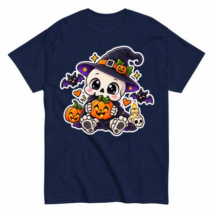 Cute Skeleton Witch Halloween Pumpkin Halloween Shirt in Navy – product view