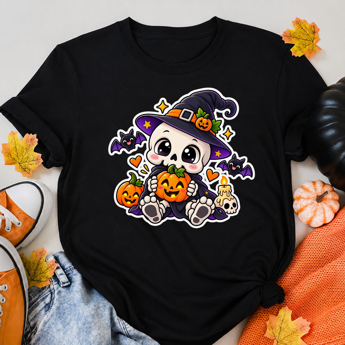 Cute Skeleton Witch Halloween Pumpkin Halloween Shirt in Black – alternate view