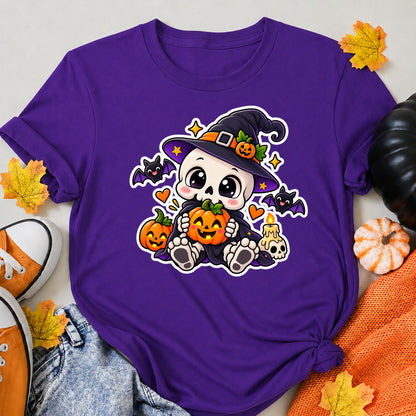 Cute Skeleton Witch Halloween Pumpkin Halloween Shirt in Blue – alternate view