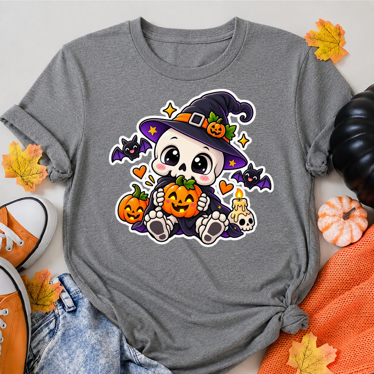 Cute Skeleton Witch Halloween Pumpkin Halloween Shirt in Grey – alternate view