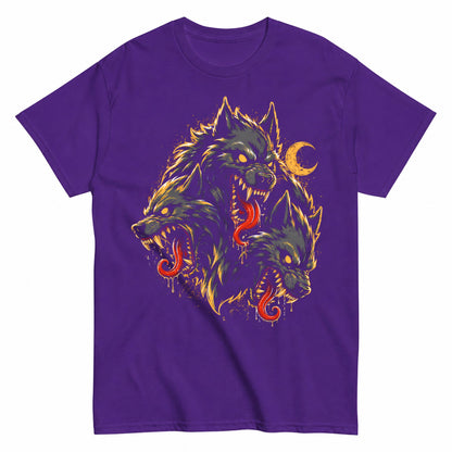 Fierce Three-Headed Wolf Design Halloween Shirt in Blue – product view