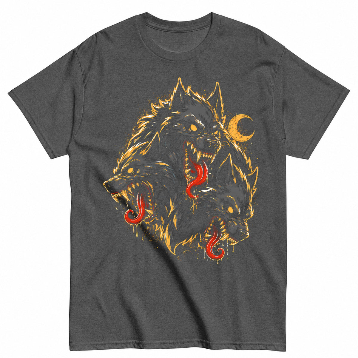 Fierce Three-Headed Wolf Design Halloween Shirt in Grey – product view