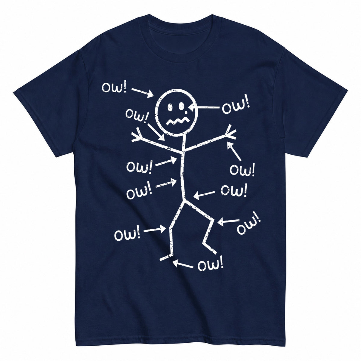 KAVENRO Ow Stick Figure graphic T-shirt in navy with sarcastic humor design
