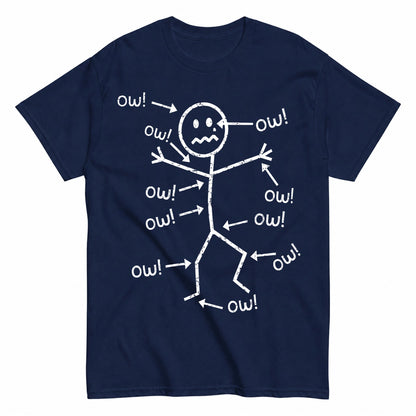 KAVENRO Ow Stick Figure graphic T-shirt in navy with sarcastic humor design