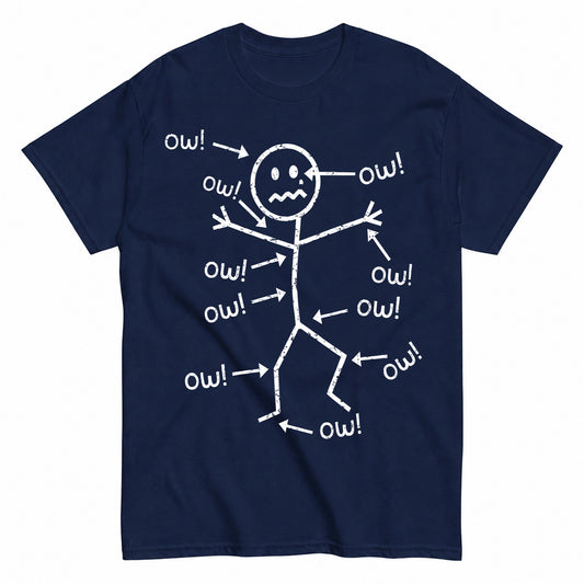 KAVENRO Ow Stick Figure graphic T-shirt in navy with sarcastic humor design