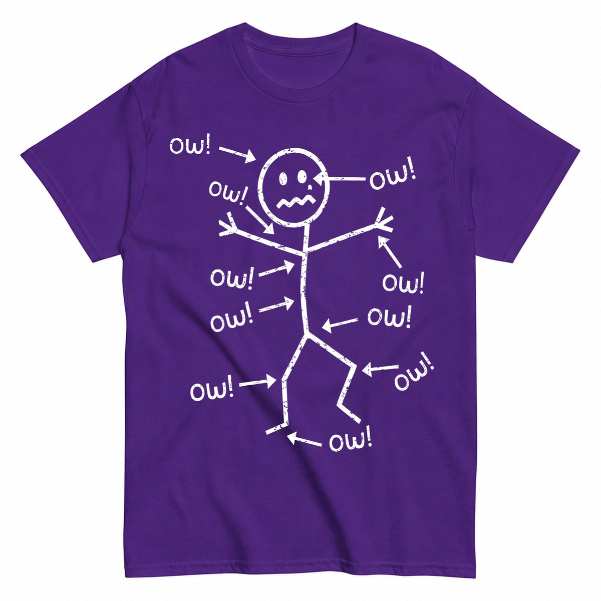 KAVENRO Ow Stick Figure graphic T-shirt in blue with sarcastic humor design
