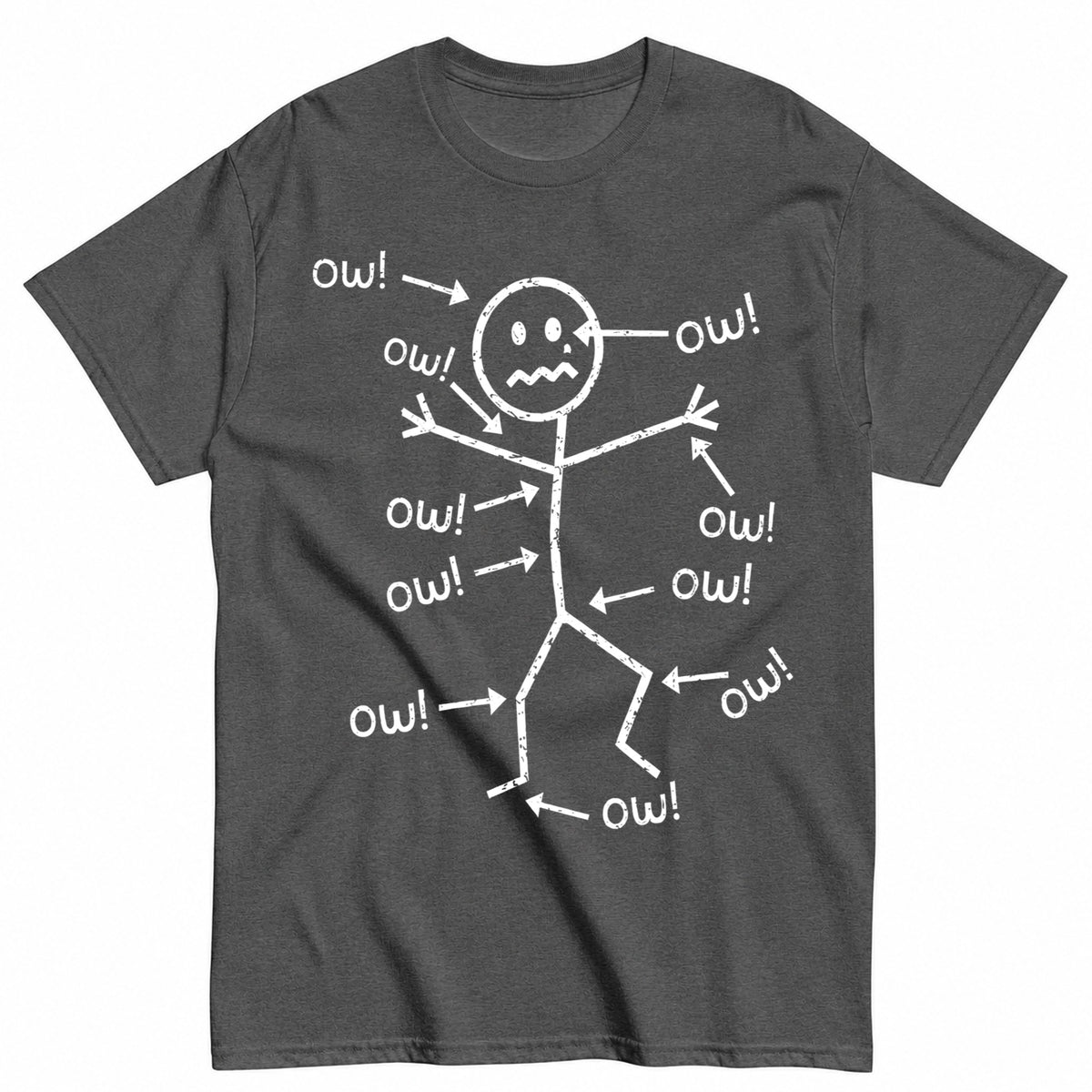 KAVENRO Ow Stick Figure graphic T-shirt in grey with sarcastic humor design