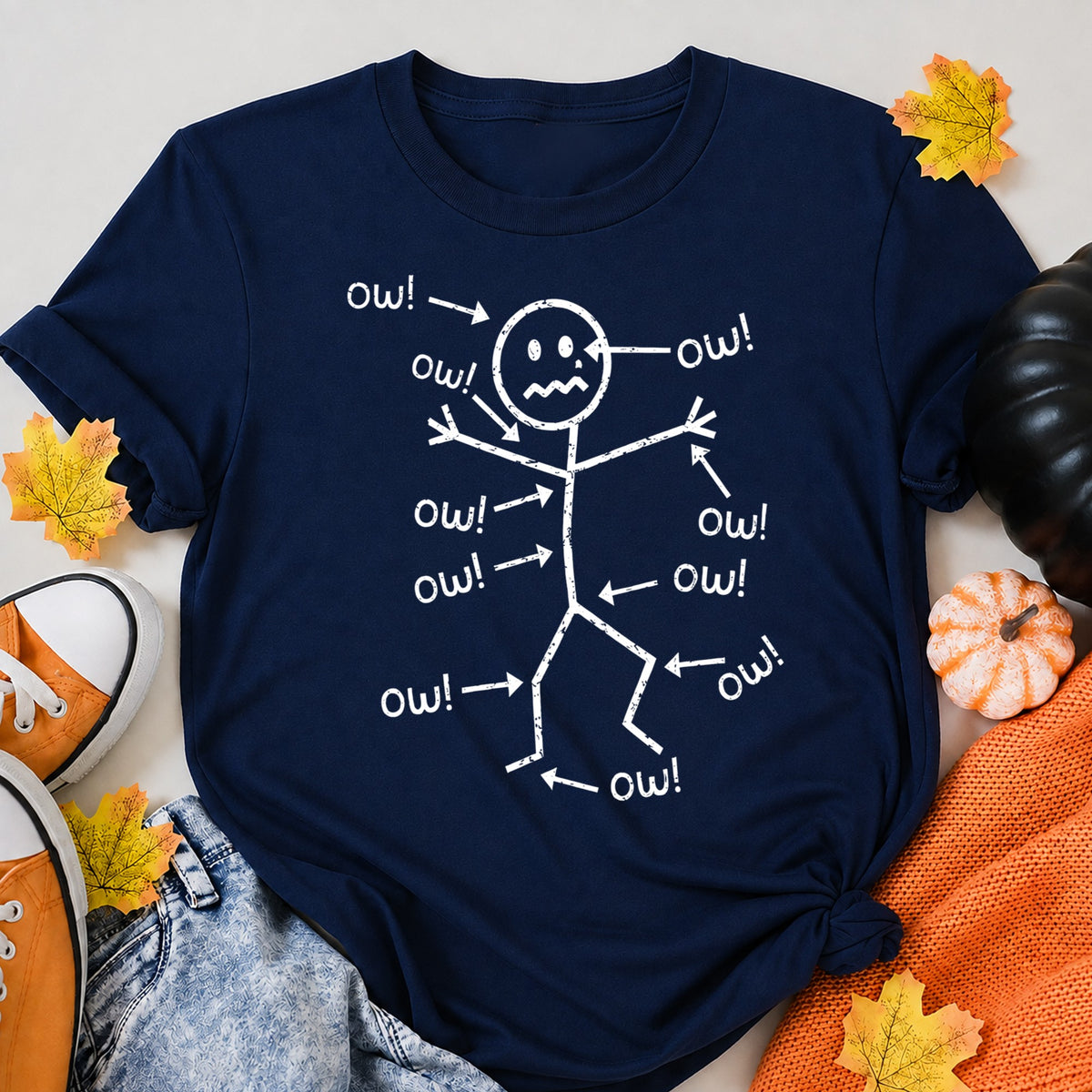 KAVENRO Ow Stick Figure graphic T-shirt in navy with sarcastic humor design shirt