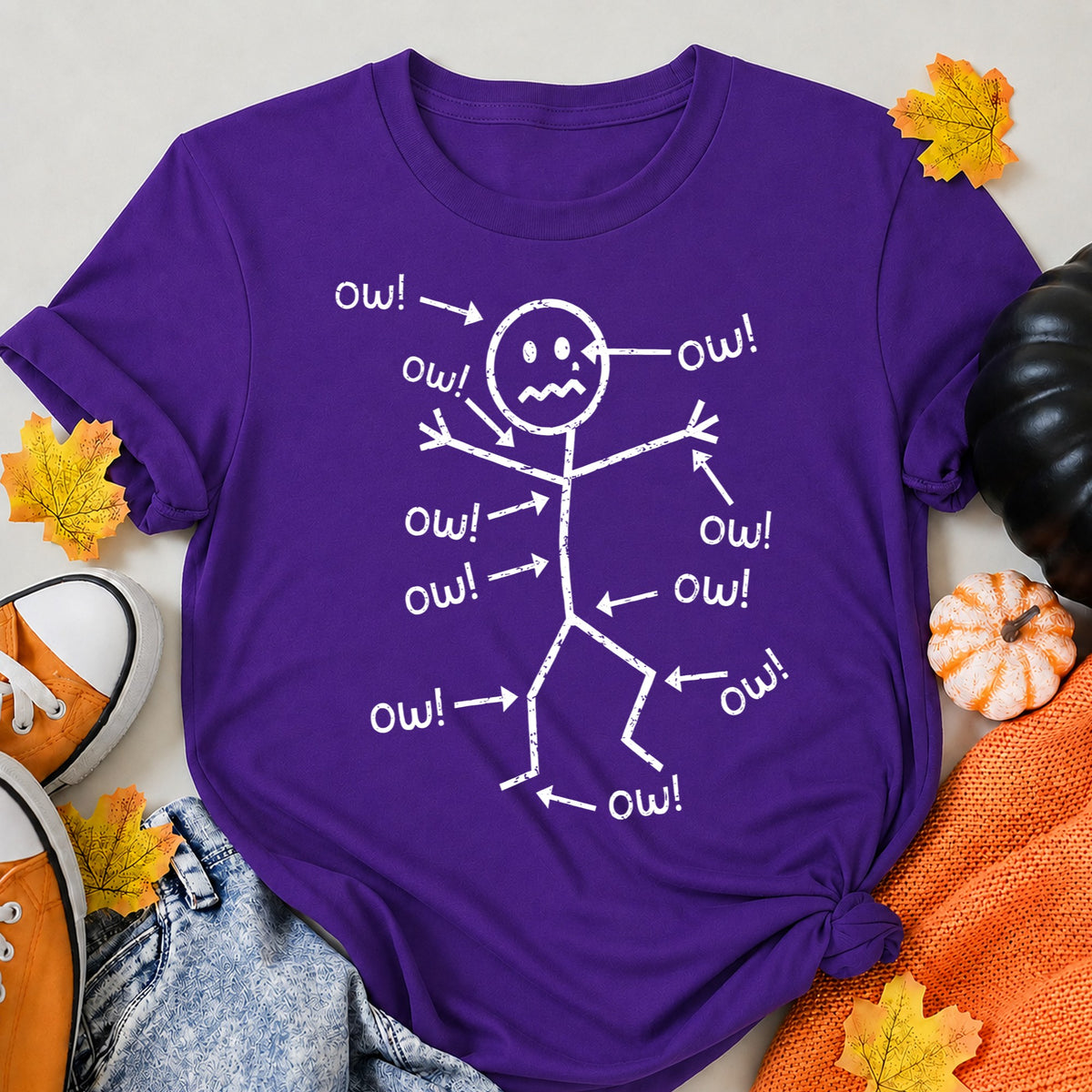 KAVENRO Ow Stick Figure graphic T-shirt in blue with sarcastic humor design shirt