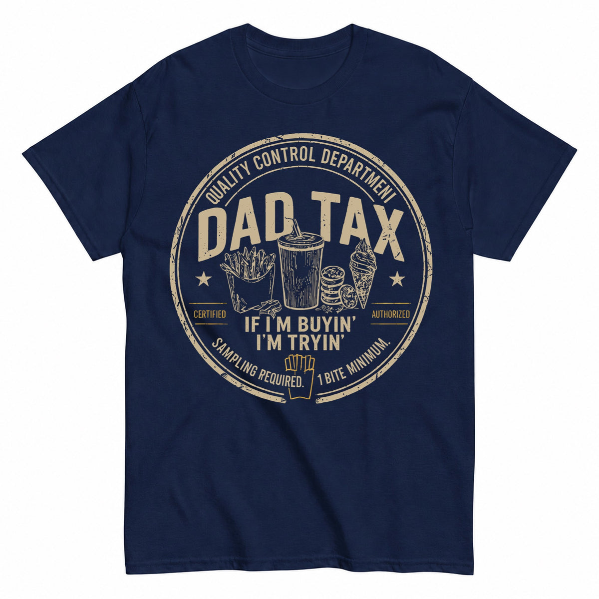 KAVENRO Dad Food Tax graphic T-shirt in navy with Gimme A Bite design