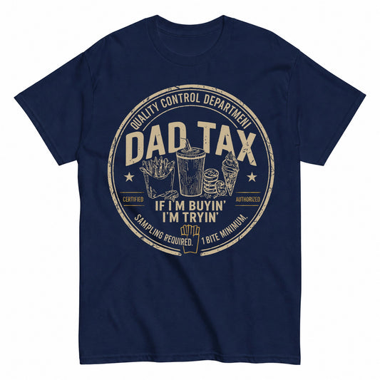 KAVENRO Dad Food Tax graphic T-shirt in navy with Gimme A Bite design